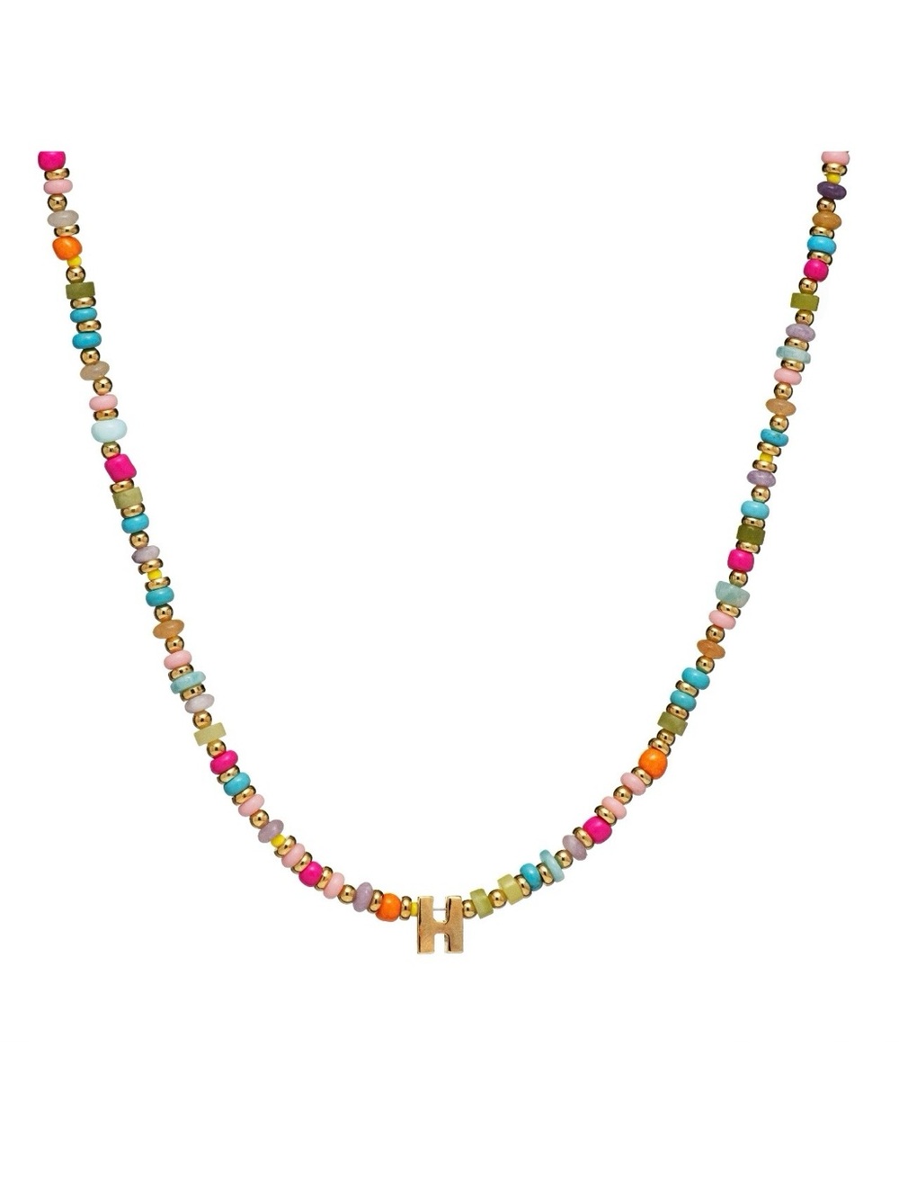 Multicolor Beaded Necklace with Gold 'H' Initial Pendant - Women's Jewelry